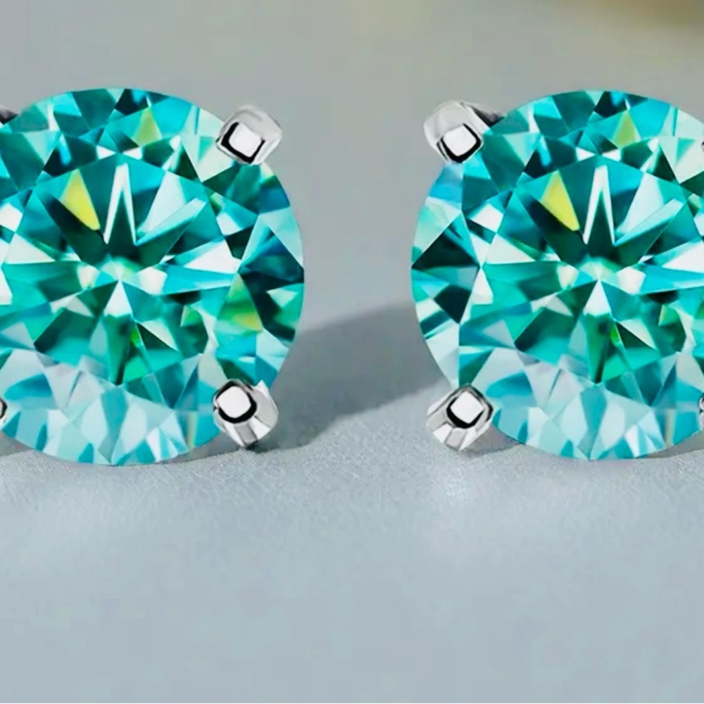 MOISSANITE Cyan Blue 2 c.t.w Earrings Set In 18K Yellow Gold - Picture 2 of 7